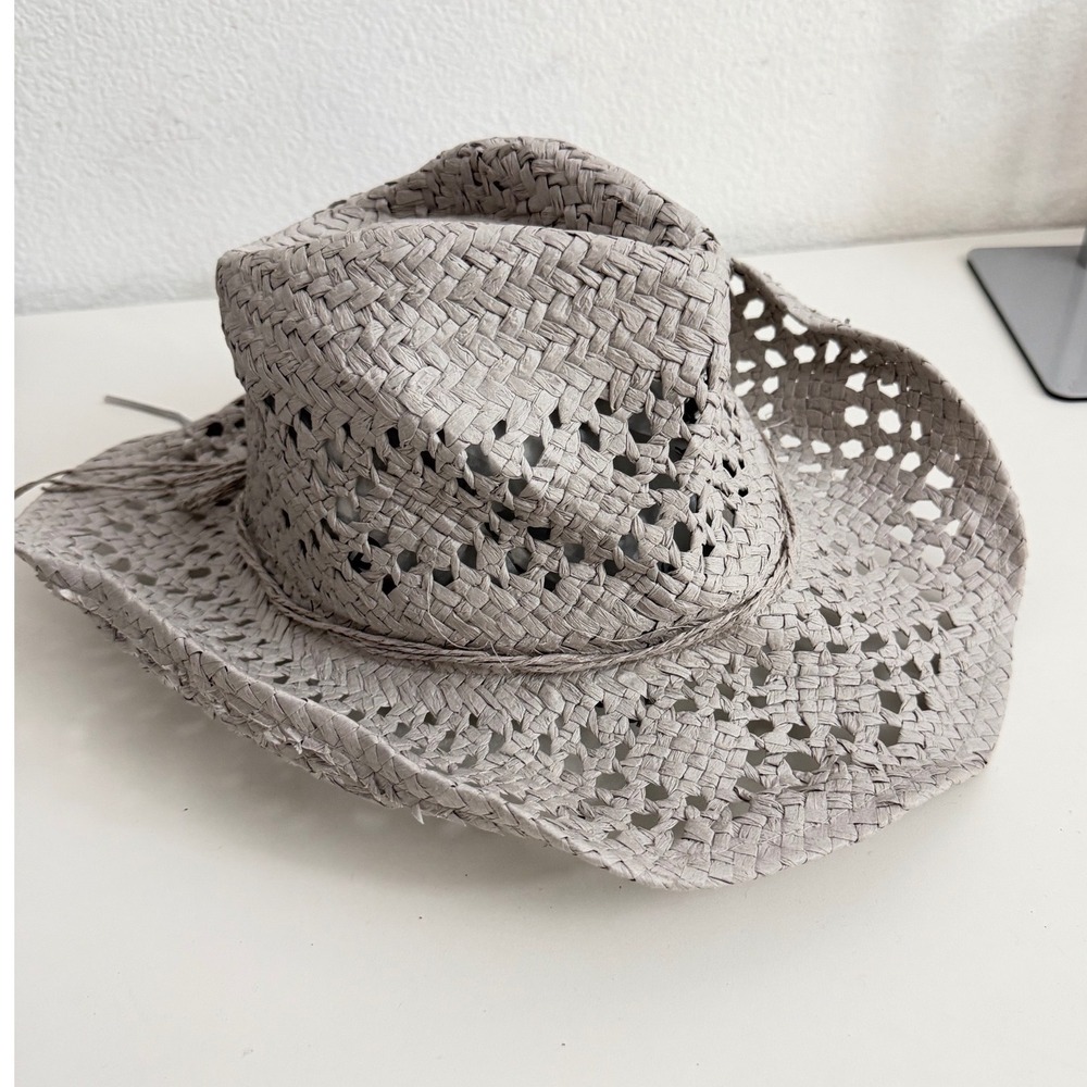 Urban Outfitters Grey Crochet Straw Cowboy Hat Open Weave Western Summer Sun Hat